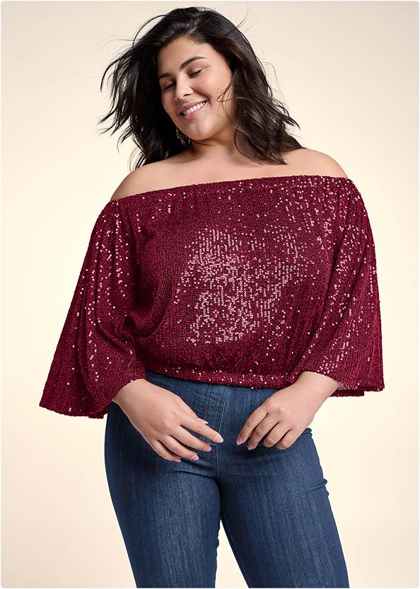 Off-The-Shoulder Sequin Top,Pintuck Semi-Flare Jeans,Ripped Skinny Jeans,T-Strap Heels,Embellished Twist Heels,Quilted Chain Handbag