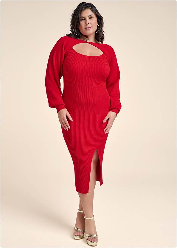 Full Front View Sweater Dress With Shrug