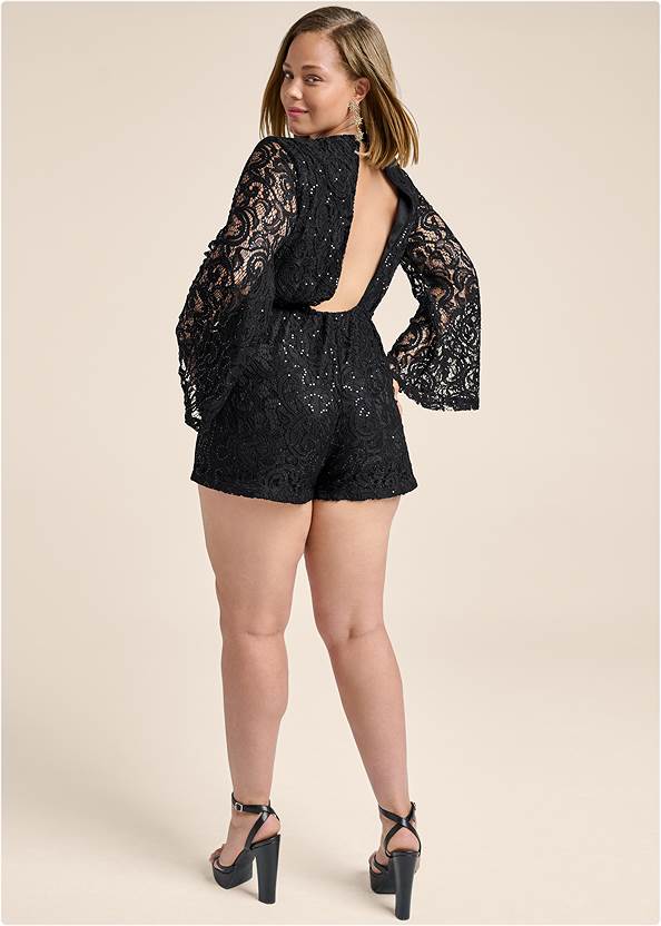 Back View Sequin Lace Open-Back Romper