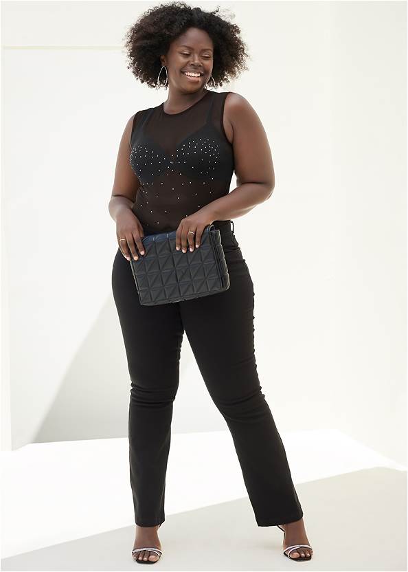 Luxe Rhinestone Bodysuit,Pearl By Venus® Perfect Coverage Bra, Any 2/$69,Bootcut Jeans,Luxe Rhinestone Robe,High Heel Strappy Sandals,Hoop Earrings,Quilted Chain Handbag