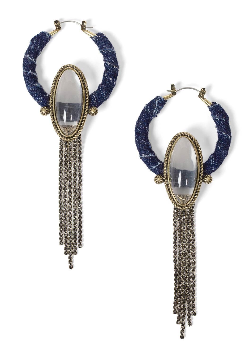 Stone/Tassel Hoop Earrings in Gold & Denim Blue | VENUS