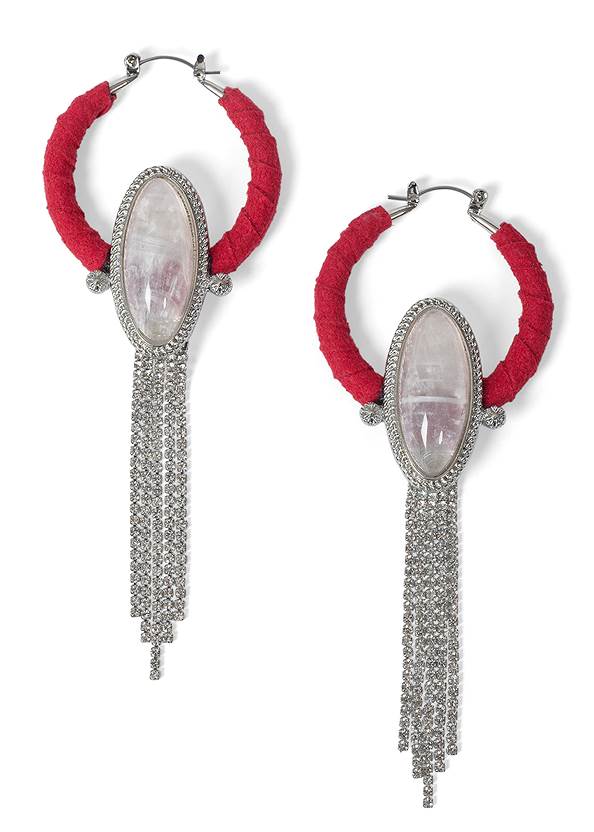 Stone/Tassel Hoop Earrings,Printed Stripe Long Dress,Whipstitch Peep Toe Booties,Perforated Handbag