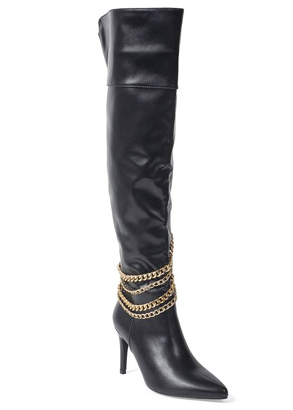 Chain High Heel Boots,Strappy Cold-Shoulder Top,Velvet Pants