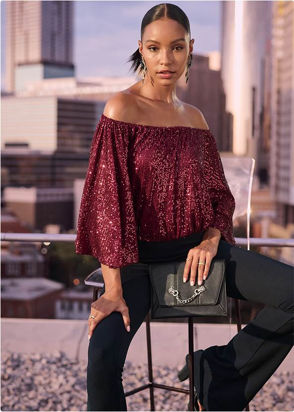 Full front view Off-The-Shoulder Sequin Top