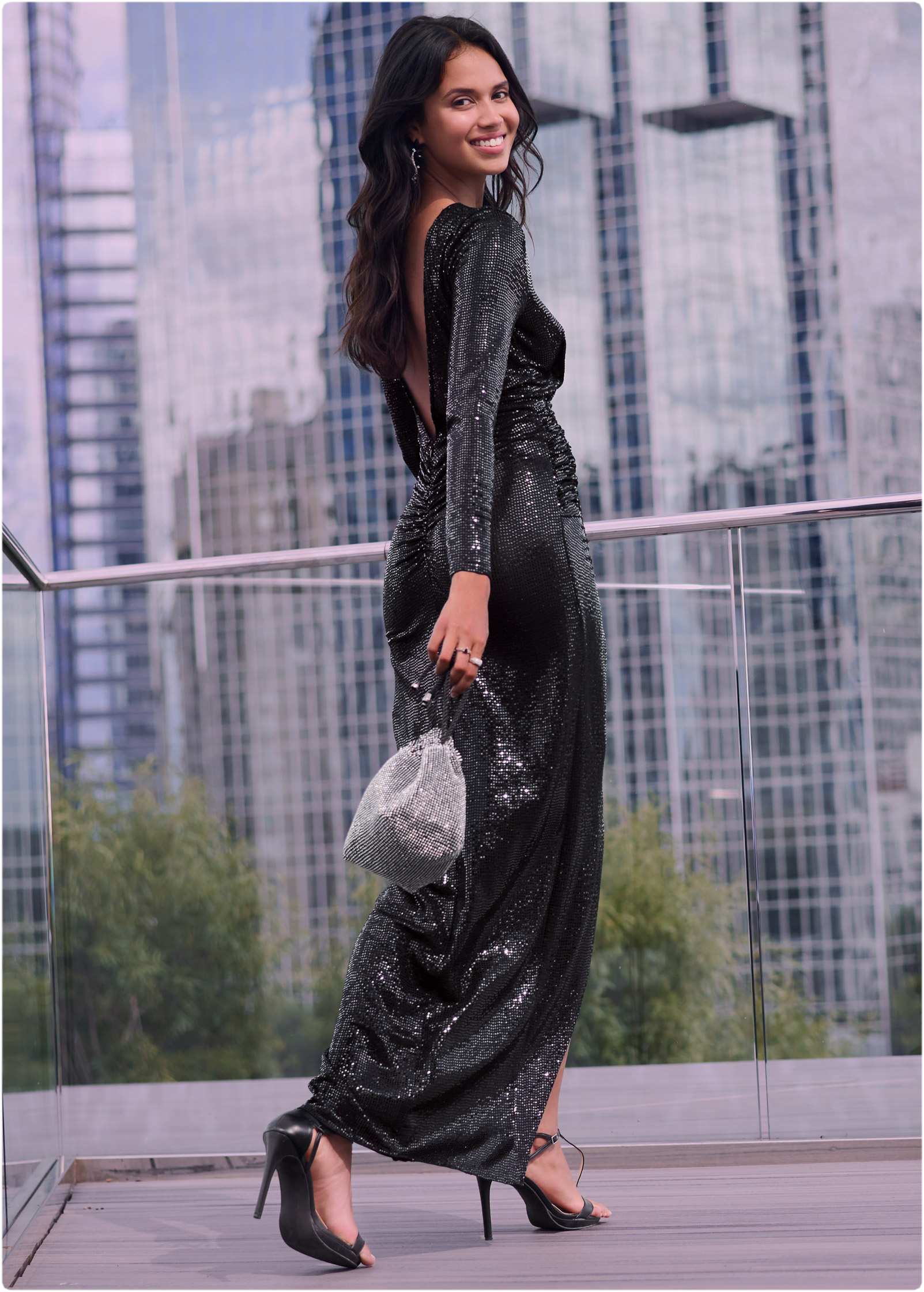 SEQUIN HIGH-SLIT LONG DRESS