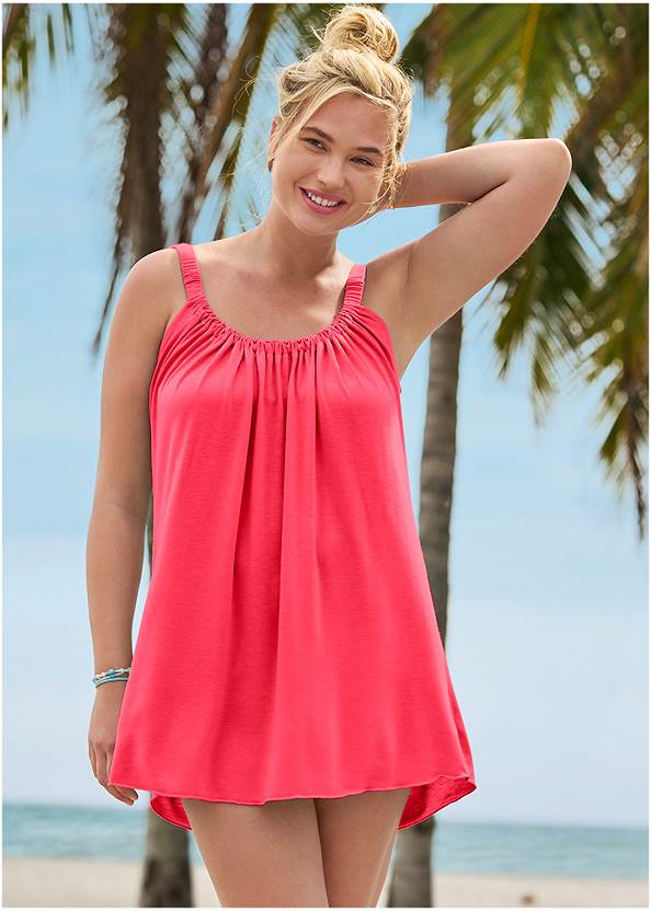 Gathered Neckline Cover-Up Dress,Marilyn Underwire Push-Up Halter Top,Full Coverage Mid-Rise Hipster Bikini Bottom,Pleated One-Piece,Gathered Neckline Maxi,Sequin And Straw Tote