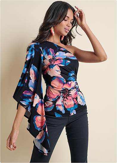 Plus Size One-Shoulder Printed Top