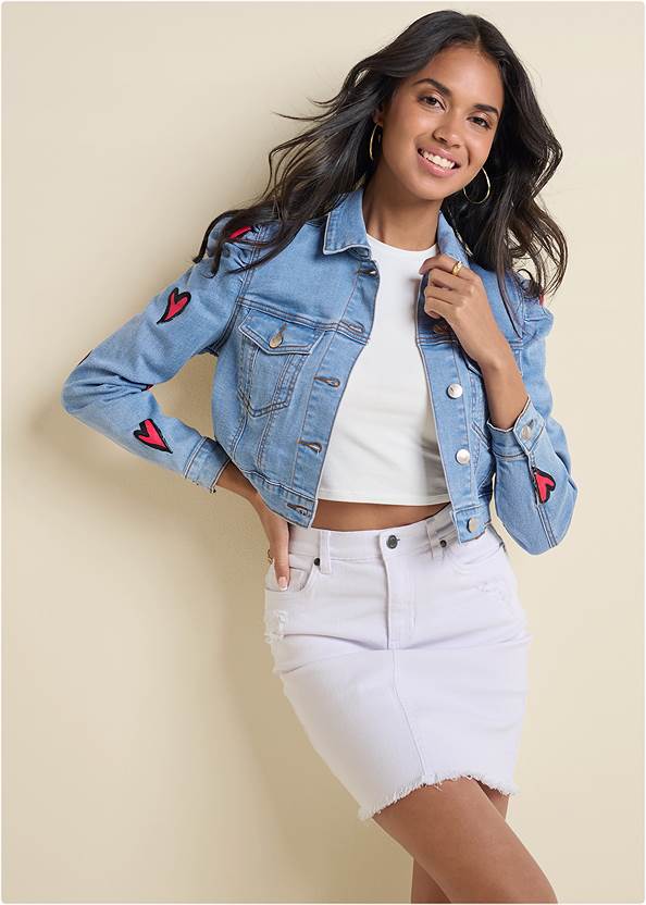 Heart Cropped Jean Jacket,Short Sleeve Crop Top,Denim Mini Skirt,Triangle Hem Jeans,Lace-Up Star Sneakers,Mixed Earring Set,Quilted Shiny Leather Bag
