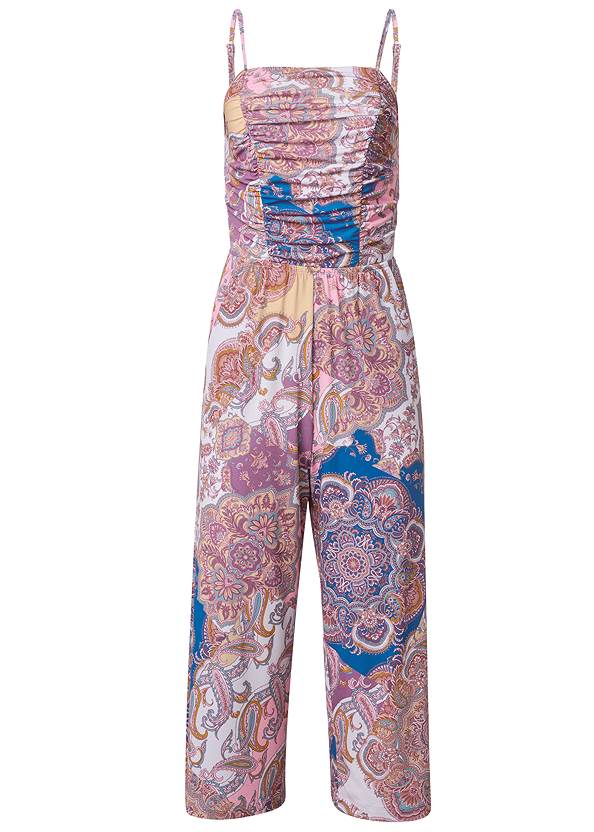 Paisley Ruched Jumpsuit,Braided Double Strap Mules,Rhinestone Thong Sandals,Mixed Earring Set,Striped Jute Crossbody