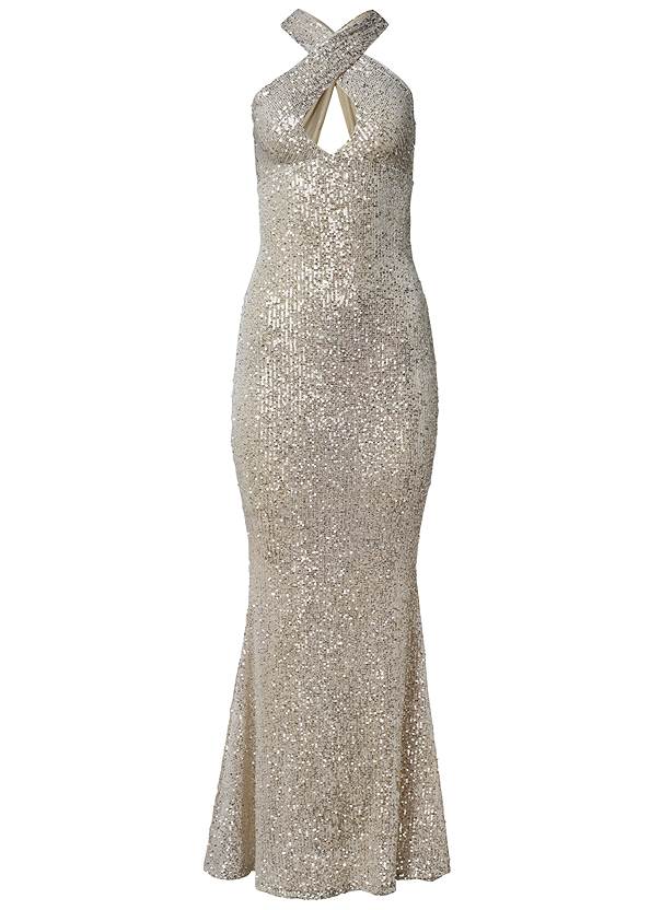 Sequin Keyhole Gown in Champagne | VENUS