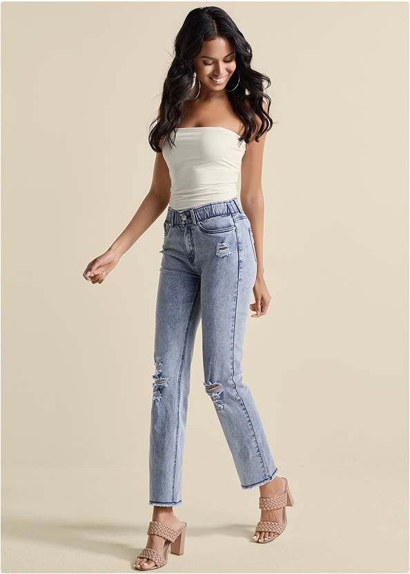 Front View Elastic Waist Straight Jeans