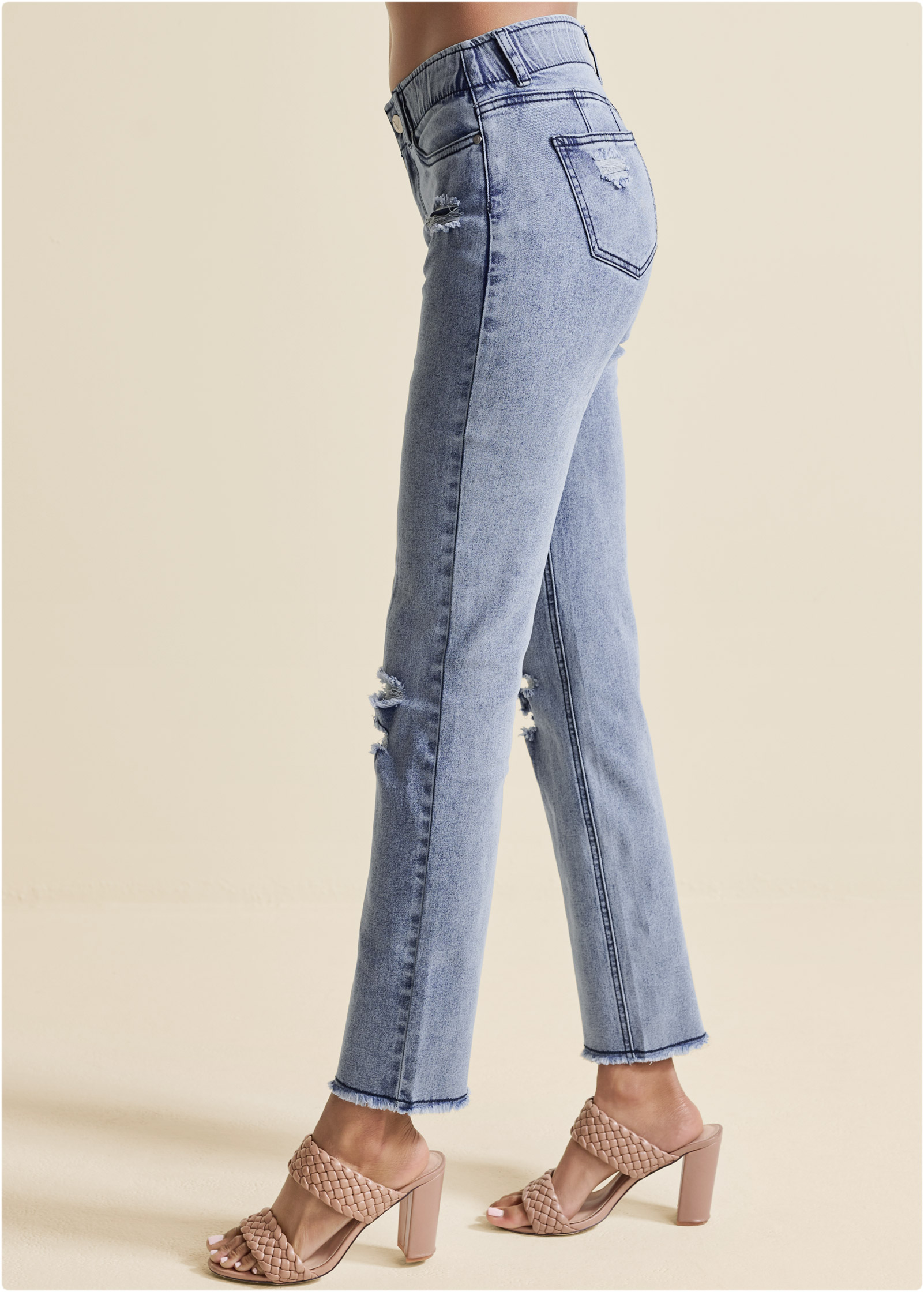 Elastic Waist Straight Jeans in Acid Wash Denim VENUS