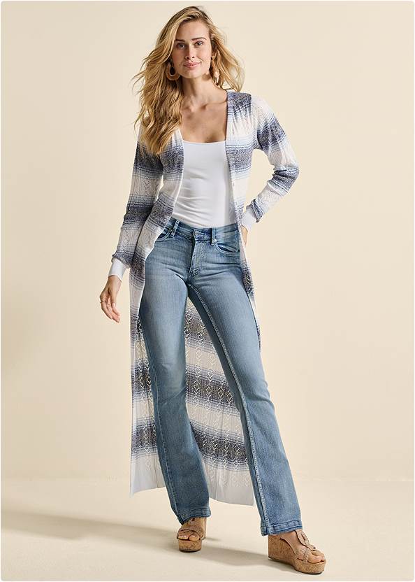 Ombre Striped Duster,Basic Cami Two Pack,Bootcut Jeans,Lift Jeans,Braided Strappy Cork Wedges,Mixed Earring Set