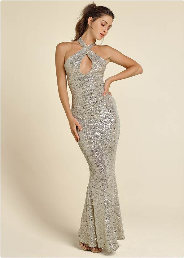 Sequin Keyhole Gown,T-Strap Heels
