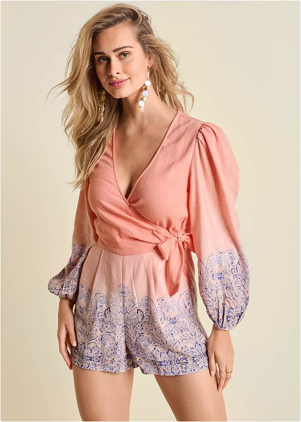 Cropped front view Linen Printed Romper