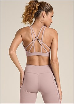 Vista Strappy Back Stretchy Sports Bra Black & Pink Showstopper Print