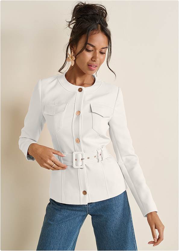 Cropped front view Belted Crew Neck Jacket