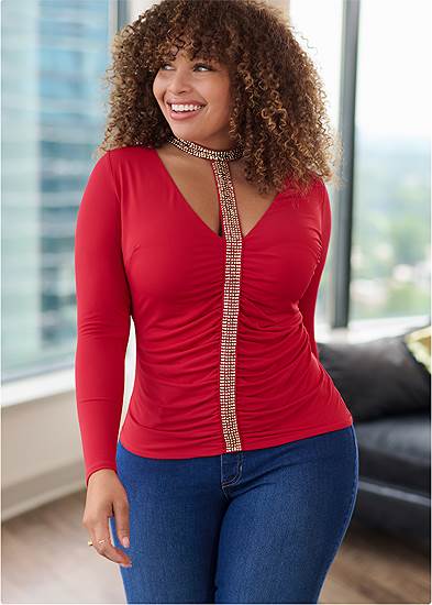 Plus Size Embellished Trim Ruched Top