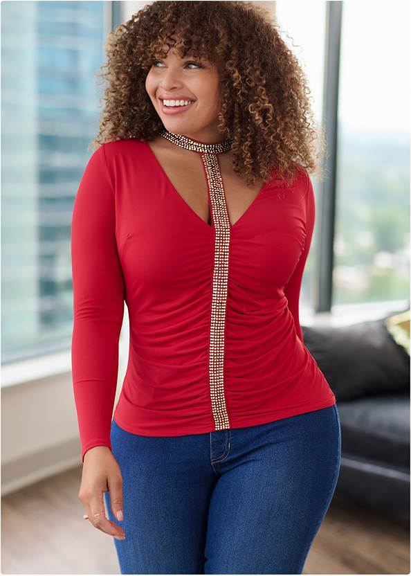 Front View Embellished Trim Ruched Top