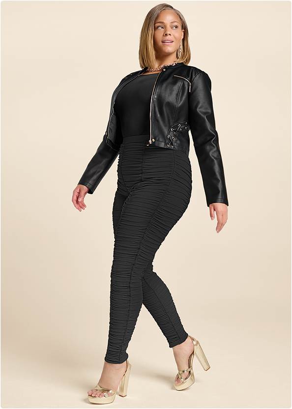 High-Waist Ruched Leggings,Faux-Leather Lace-Up Jacket,Off-The-Shoulder Top,Mesh Detail Top,Block Heel Platform Sandals,Chain Link Jewelry Set,Embellished Jeweled Clutch