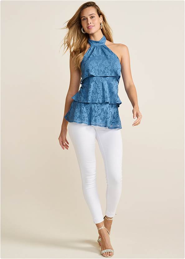 Full Front View Lace Tiered Sleeveless Top