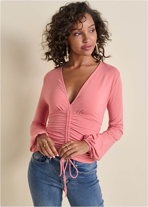 Cropped Front View Ruched V-Neck Top