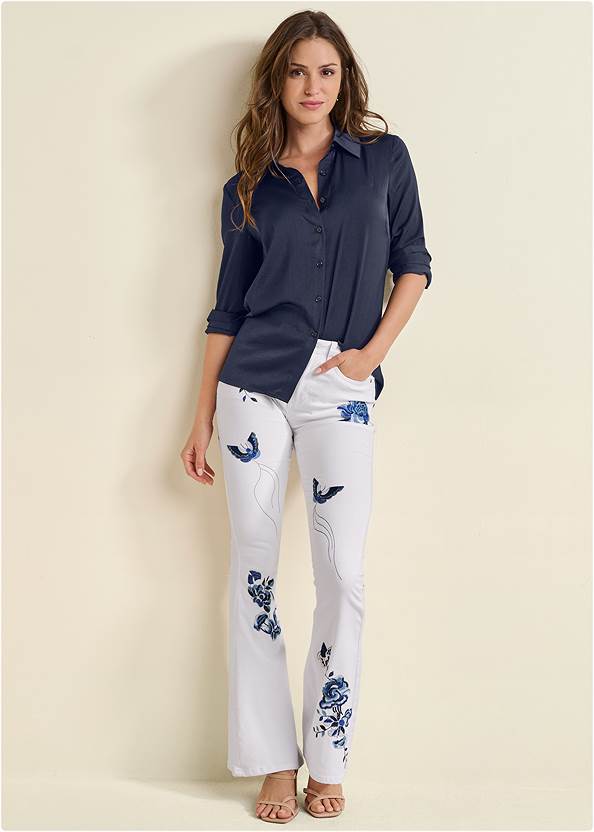 Embroidered Bootcut Jeans,Soft Button-Down Blouse,Long And Lean V-Neck Tee,Strappy Toe Loop Heels,Embellished Headband
