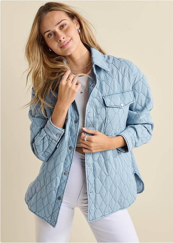 Oversize Quilt Denim Jacket,Short Sleeve Crop Top,Square Neck Top,New Vintage High Rise Jeans,Lace-Up Star Sneakers,Silver Hoop Earrings Set,Quilted Shiny Leather Bag