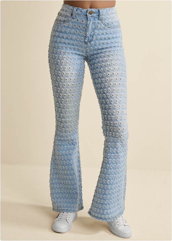 Cropped Front View Laser Etched Flare Jeans