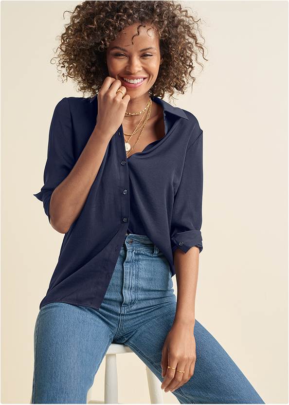 Soft Button-Down Blouse,New Vintage High Rise Jeans