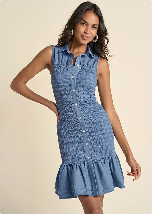 Smocked Chambray Mini Dress,Jess Wedges,Strappy Toe Ring Sandals,Silver Hoop Earrings Set,Braided Straw Bag