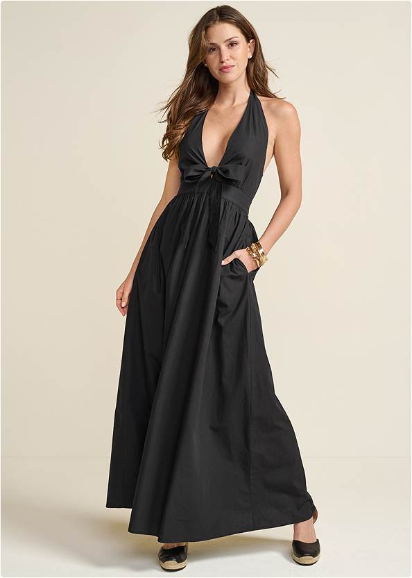 Plunging Halter Maxi Dress,Deep Plunge Strapless Bra,Peep Toe Mules,Tosha Chain Sandals,Two-Pack Hoop Earrings Set,Quilted Shiny Leather Bag