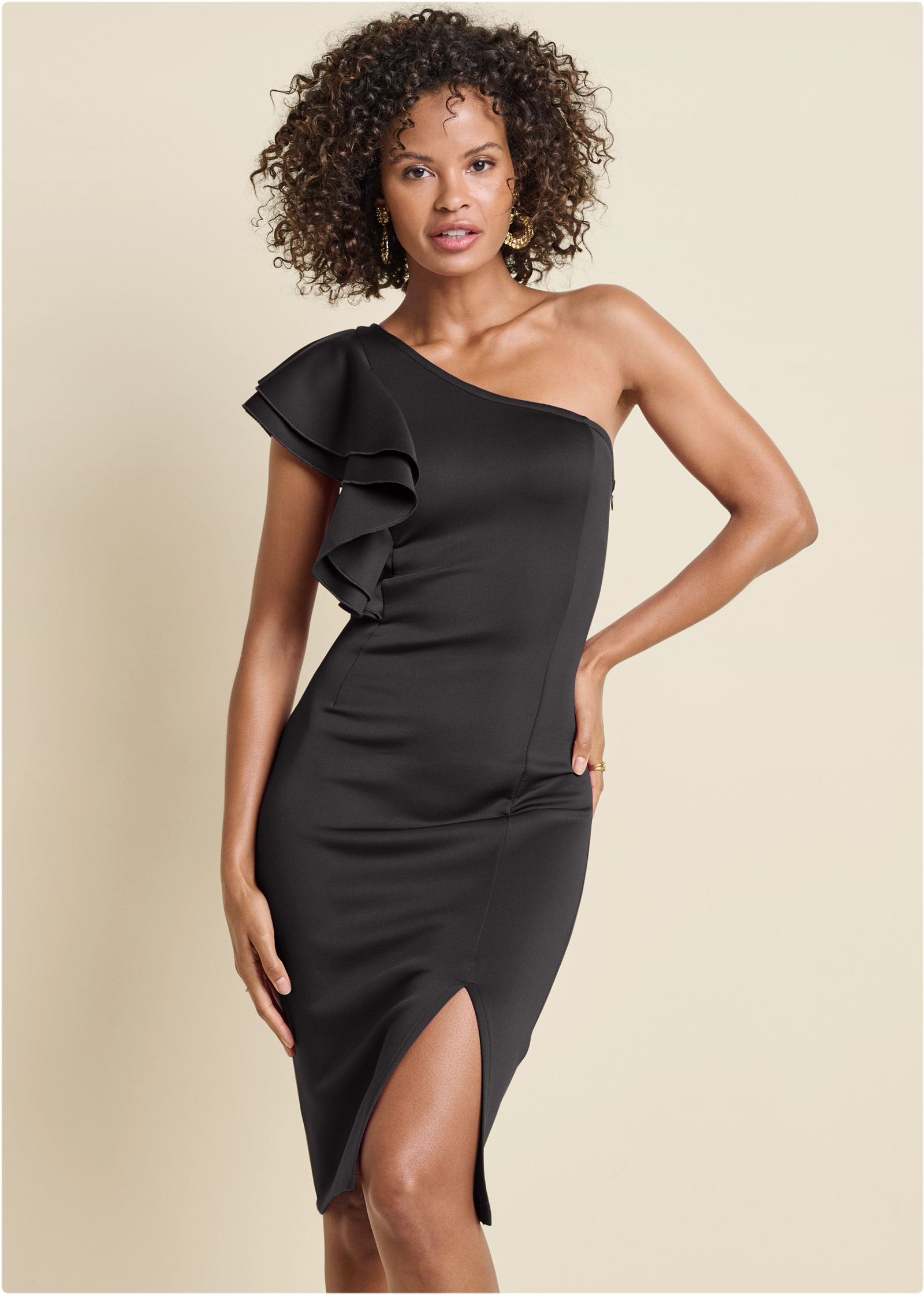 One shoulder outlet black ruffle dress