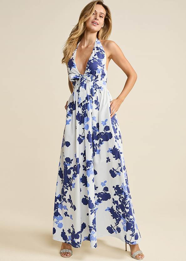 Full front view Plunging Halter Maxi Dress