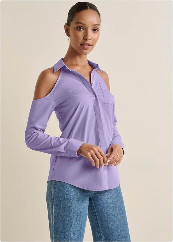 Front View Cold-Shoulder Button-Up Top