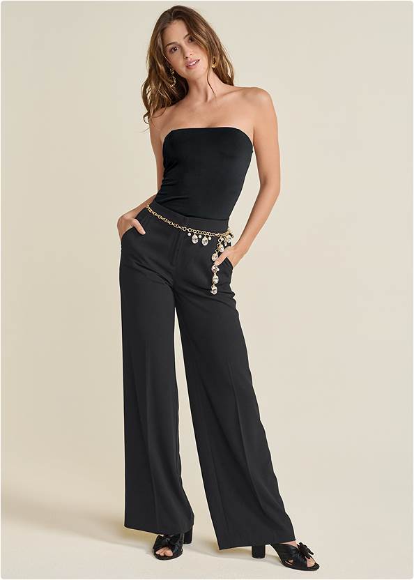 High-Rise Wide Leg Trousers,Shape Embrace Tube Top,Cropped Button-Up Top,Strappy Toe Loop Heels,Lizzie Bow Block Heels,Rhinestone Chain Belt