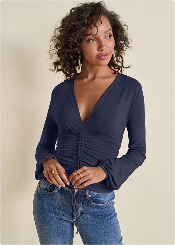 Front View Ruched V-Neck Top