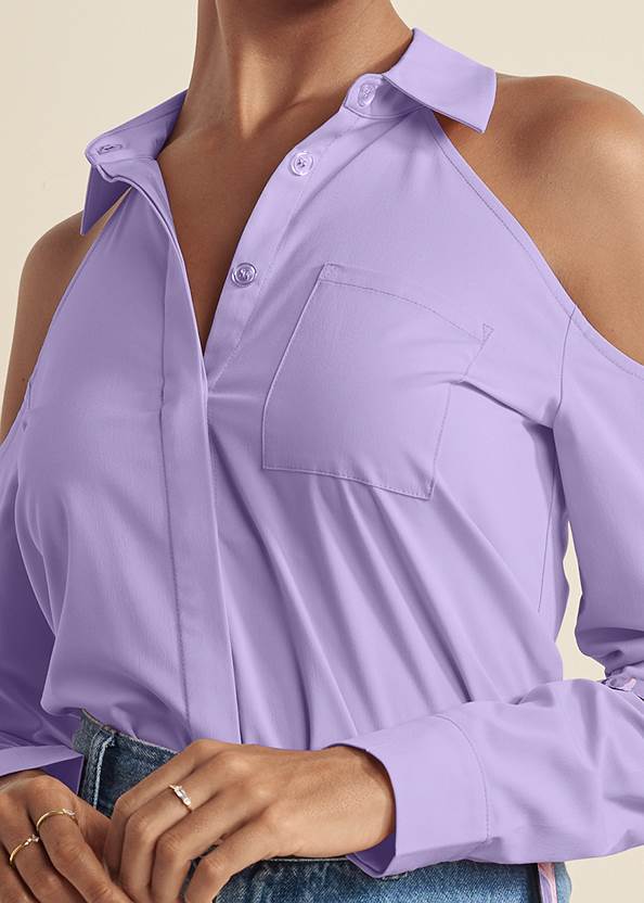 Alternate View Cold-Shoulder Button-Up Top