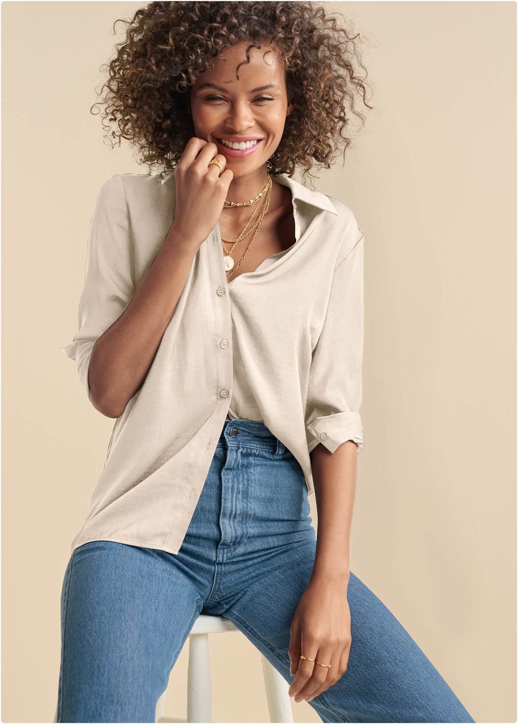 Soft Button Down Blouse in Off White | VENUS