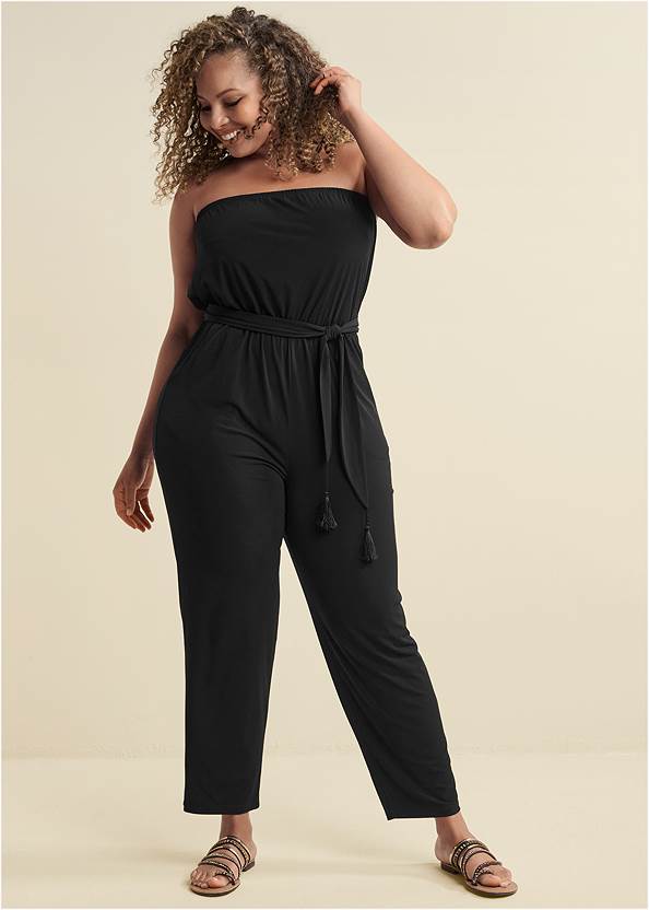 Strapless Casual Jumpsuit,Strappy Toe Ring Sandals,Mixed Earring Set