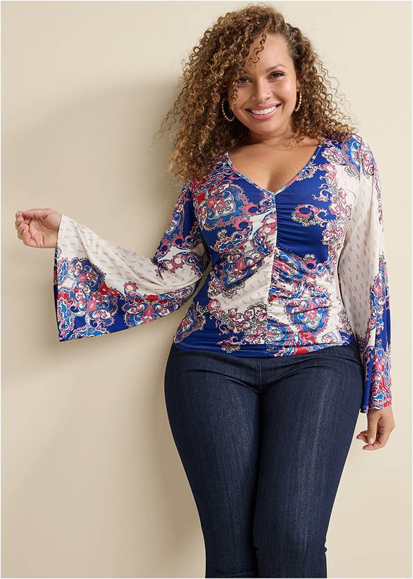 Ruched Printed Top,Mid-Rise Slimming Stretch Jeggings