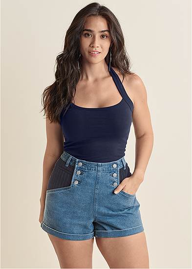 Plus Size Suiting Denim Mixed Shorts