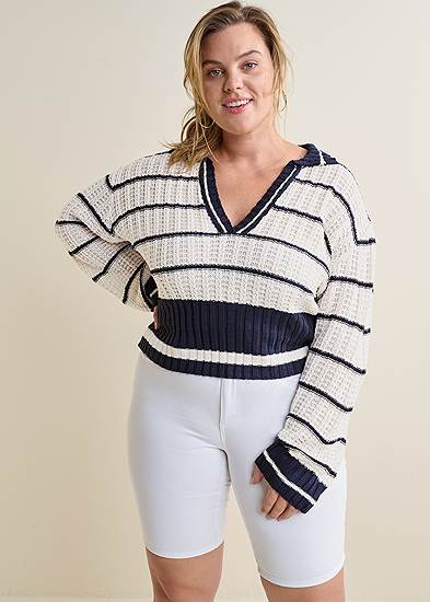 Plus Size Collared V-Neck Sweater