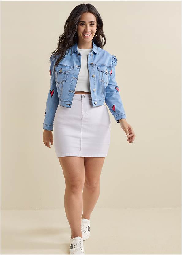 Denim Mini Skirt,Heart Cropped Jean Jacket,Back Detail Top,Surplice Halter Top,Lace-Up Star Sneakers,Mixed Earring Set