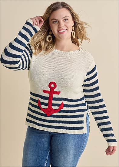 Plus Size Anchor Crew Neck Sweater