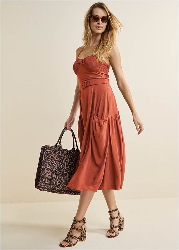 Belted Halter Midi Dress,Pearl By Venus® Strapless Bra,Buckle Block Heel Sandals,Printed Tote Bag
