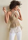 Cropped front view Fringe Halter Twist Top