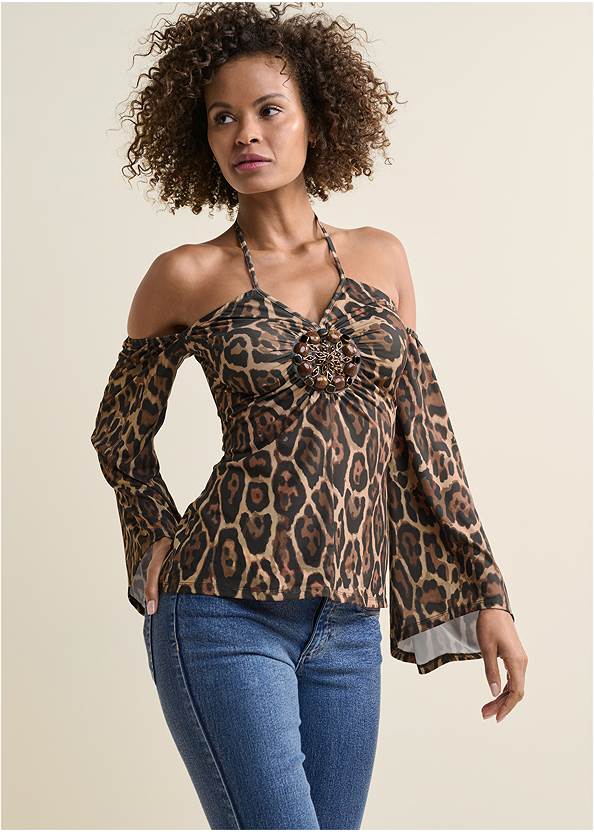 Cropped front view Halter Tie Animal Print Top