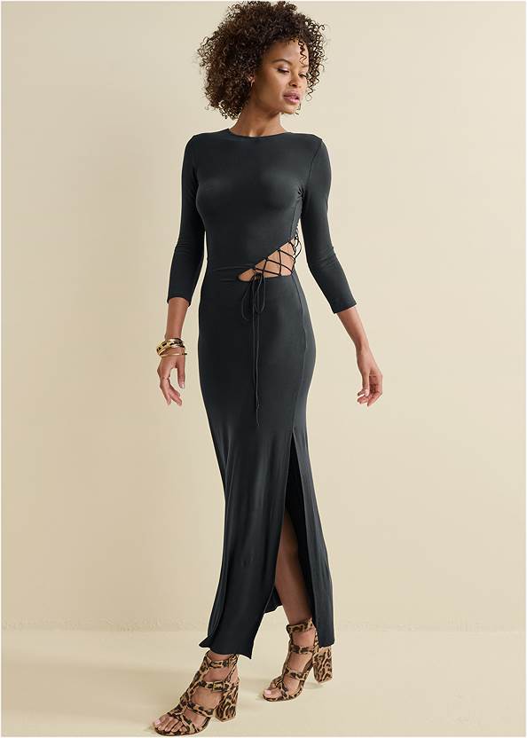 Full front view Lace-Up Cutout Maxi Dress