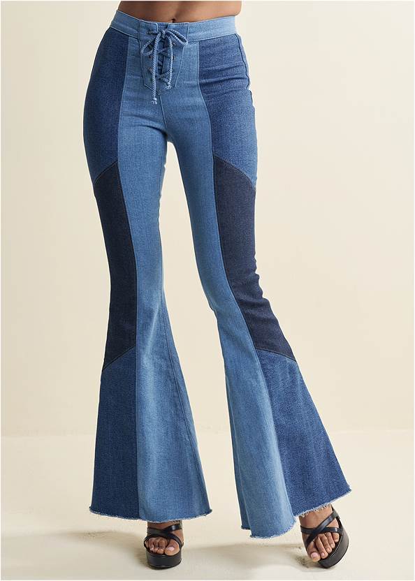 Front View Color Block Flare Jeans